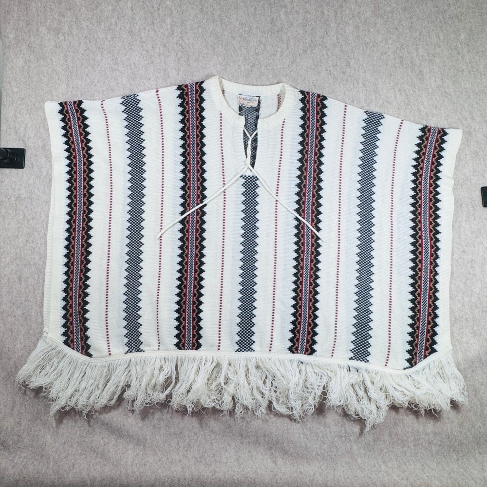 Vintage Sweater Bee Poncho Womens One Size Cream Black Red Geometric Fringe Hem